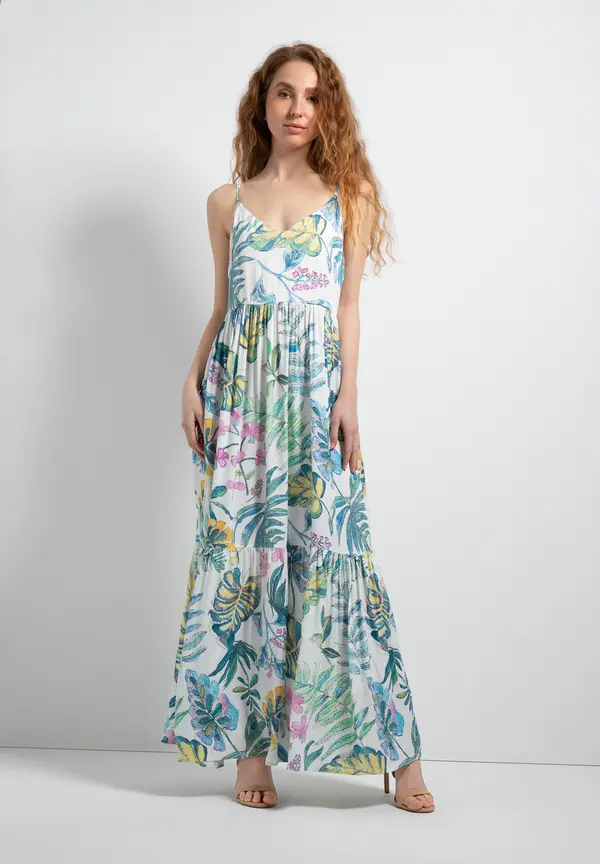 More & More Maxi Satinkleid, Blätterprint, Sommer-Kollektion